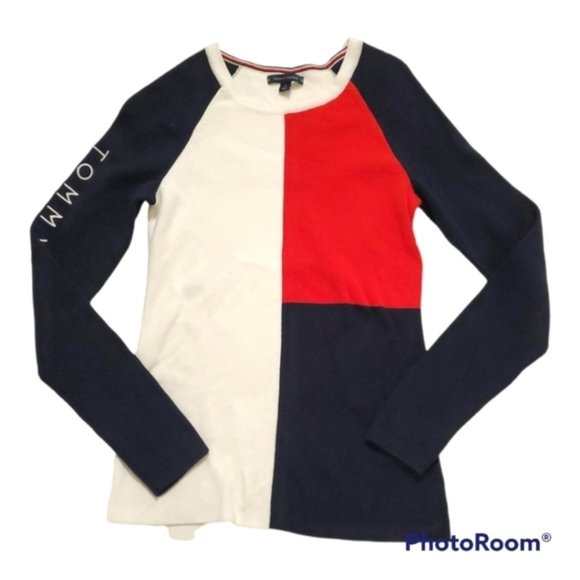 TOMMY Hilfiger colour block 100% cotton knit long sleeve crewneck pullover - Picture 2 of 6